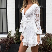 elegant dress popular fashion streetwear deep v neck long sleeve solid color sexy dress collect waist hollow out white vestidos