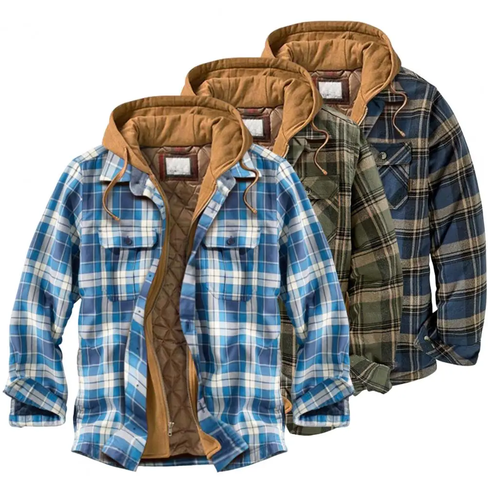 Cotton Flannel Shirt Jacket with Hood Mens Long Sleeve Quilted Lined Plaid Coat Button Down Thick Hoodie Outwear
