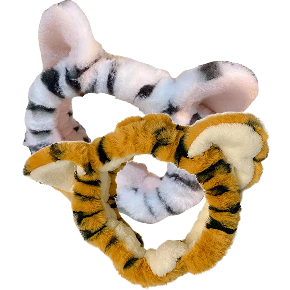 

2 Pcs Tiger Plush Headband Puffy Spa Funny Headbands Shower Ears For Women Miss Stretch Hairband Washing Face