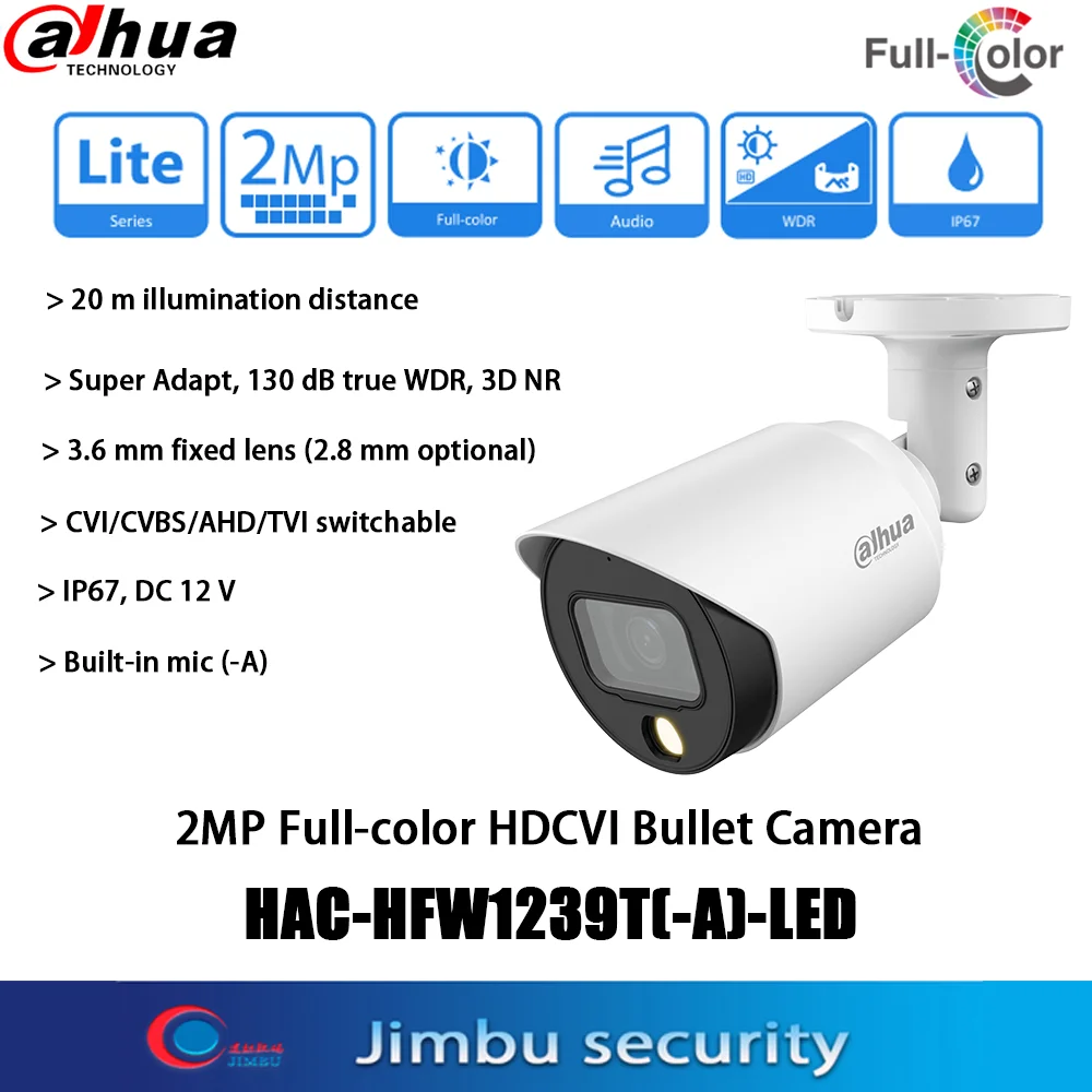 

Dahua 2MP Full color HDCVI HAC-HFW1239T- A-LED Built in mic IP67 CVI/CVBS/AHD/TVI switchable coaxial analog Bullet Camera