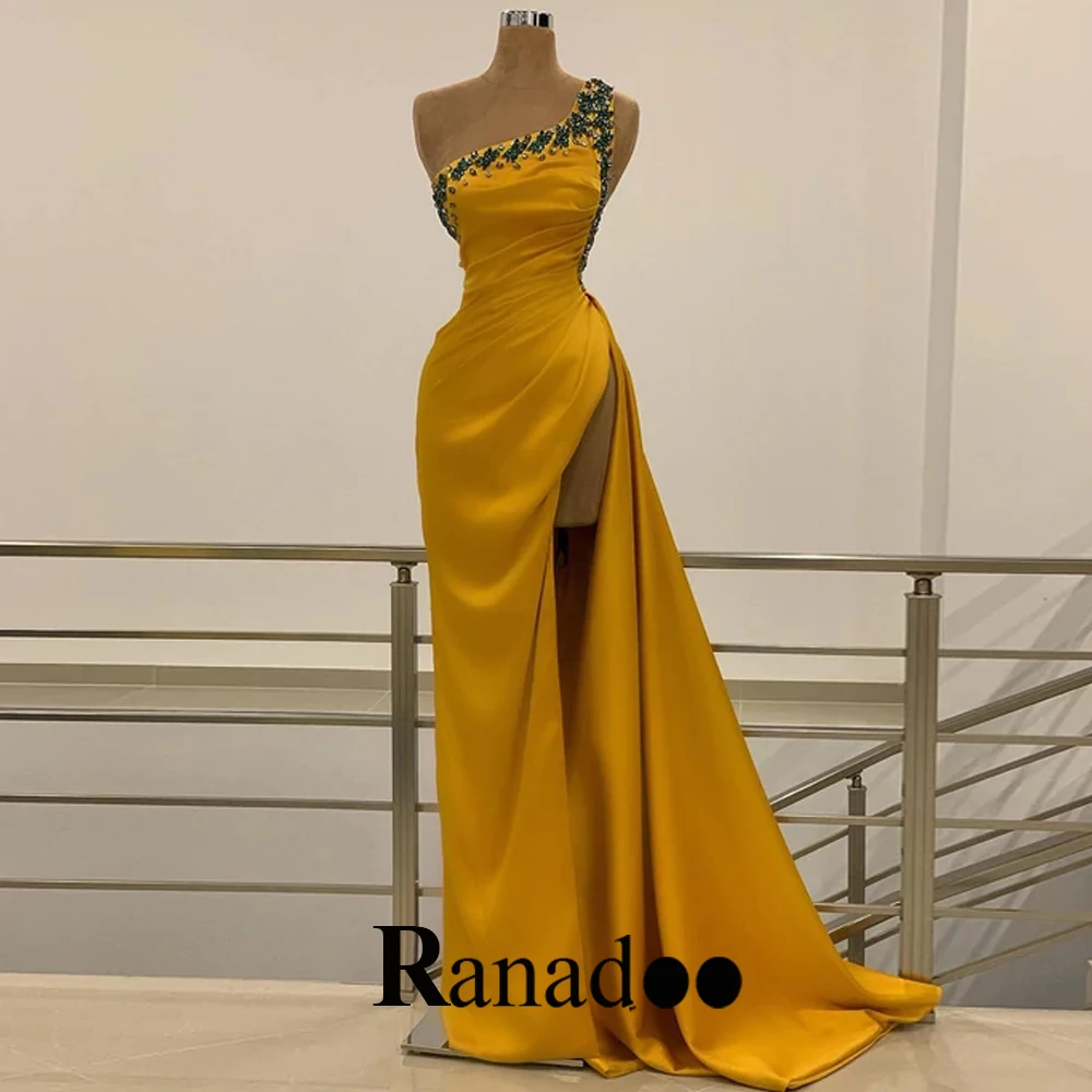 

Sleeveless Prom Evening Dress One Shoulder Crystals Appliques Trumpet High Side Slit Valentine's Day Court Train Backless