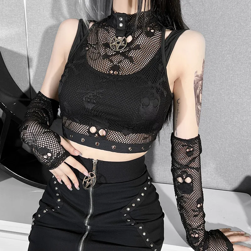 

Женский укороченный топ Goth Skull Dark, черная сетчатая майка в стиле гранж, в готическом стиле, с рукавом, альтернативный жилет для E-girl