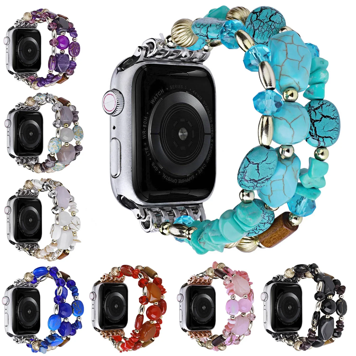 Фото Женский ювелирный браслет для Apple Watch Band 40 мм 42 46 мм 41 45 мм 49 мм Эластичный ремешок с бирюзовыми бусинами для iWatch 10 9 8 7 Se Ultra №1