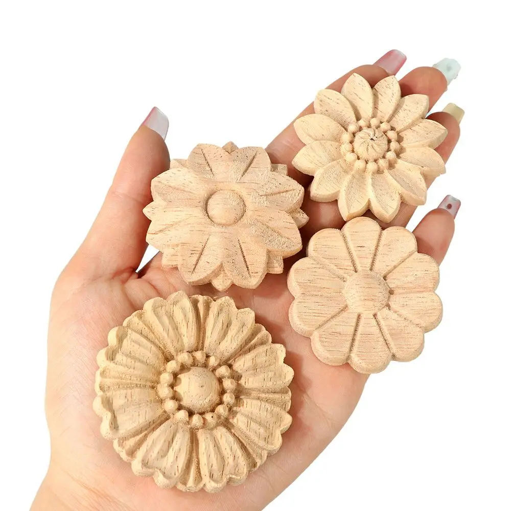 

Natural Wood Carved Floral Decor Corner Appliques Frame Round Rubber Wood Decal Furniture Cabinet Walls Door Carving Decorative