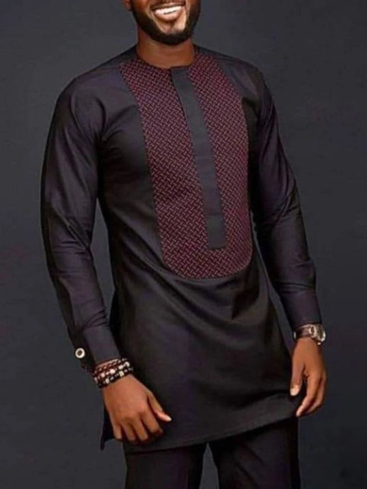 Muslim Fashion Men Shirt African 2022 New Solid Color Dubai Long Sleeve Tops Casual Tops Printing Mid Length Islamic Clothing