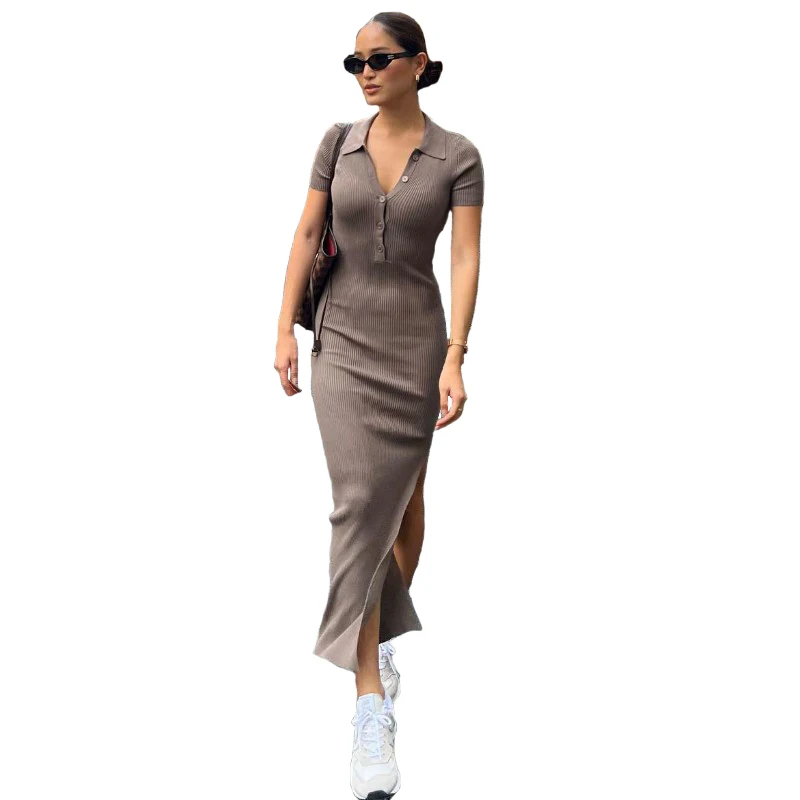 

Solid Elegant Office Lady Maxi Dress Women Fashion Turn-down Collar Short Sleeve Button Side Slit Body-Shaping Street Robe
