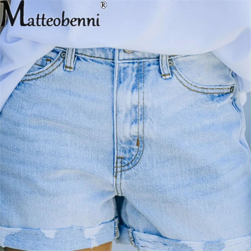Summer Fashion Skinny Stretch Denim Shorts Women's Mid-waist Casual Light Blue Three Quarter Pants Female Broken Holes Jeans New