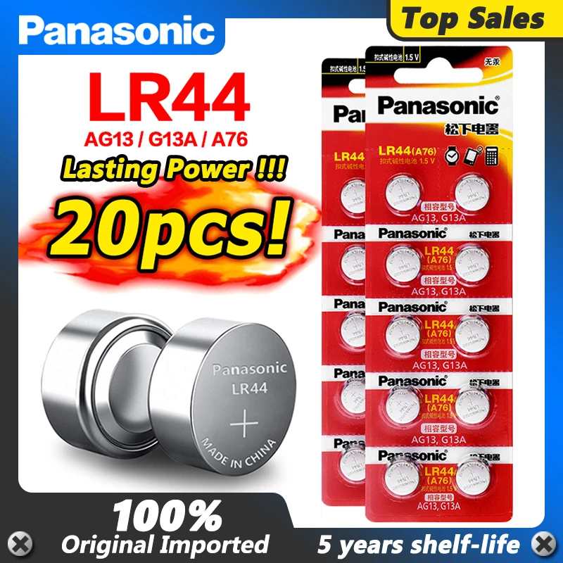 

Panasonic 20Pcs 1.5V AG13 357A SR44 Button Cell Batteries A76 G13A LR44 LR1154 Lithium Coin Battery Single Use for Watch Remote