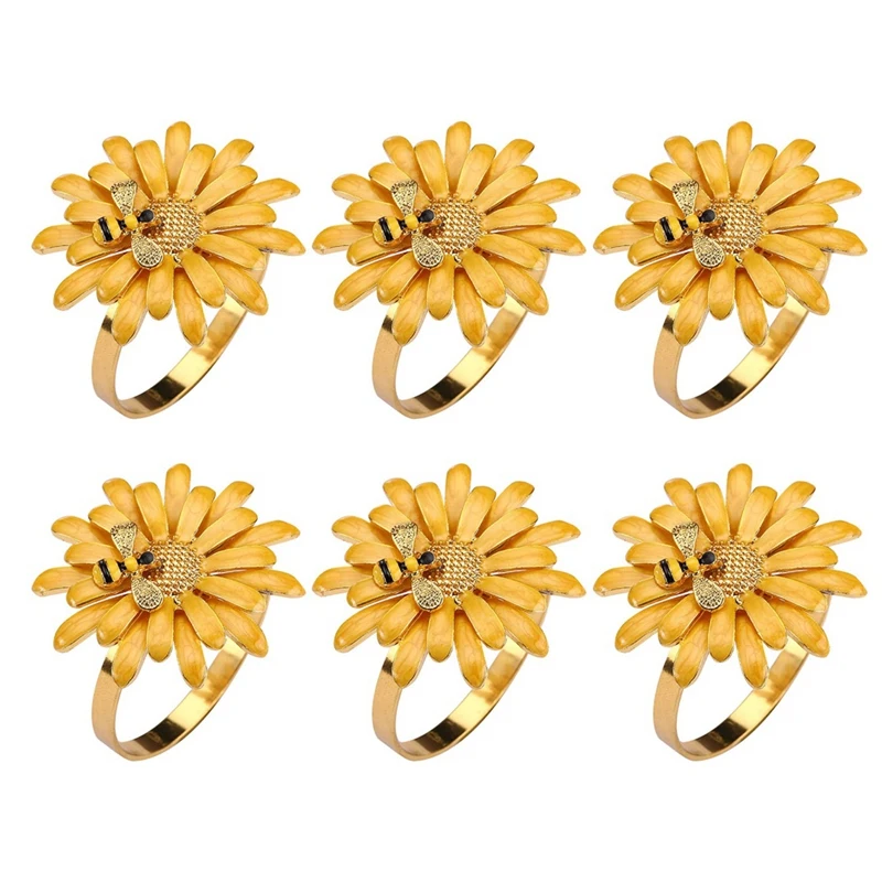 

6 Pcs Daisy Flower Napkin Rings Set,Bee Flower Napkin Holders Serviette Buckles For Holiday Wedding Table Decorations