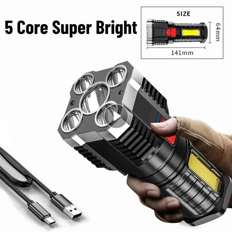 

Super Bright Torches 5 Core LED Tactical Flashlight USB Rechargeable Flash Torch High Power COB Portable Light Camping Lantern