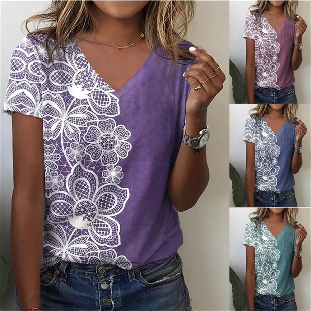 

2022 Summer Women's Floral Theme Printed Painting Tee Shirts V Neck Casual Female Daily Pullover New Design Oversized T Shirt