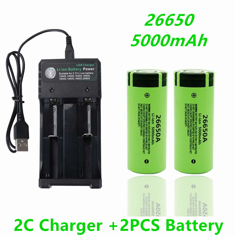 

Original High Quality 26650 Battery 5000mAh 3.7V 50A Lithium Ion Rechargeable Battery for 26650A LED Flashlight + 18650 Charger