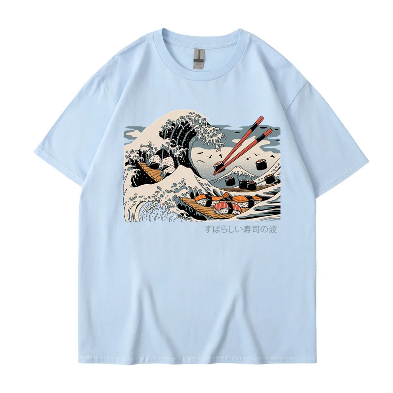 

Sushi Wave Ukiyo e Harajuku Print T-Shirt Men Anime Quality Tshirts Street Hip Hop T Shirt Casual Breathable Cotton Tee Clothes