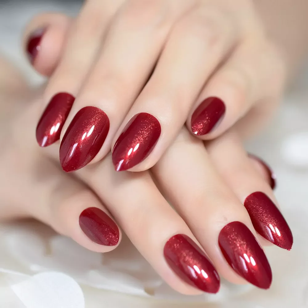 False Nails Almond Oval Stiletto Sharp Shimmer Burgundy Red Fake Nail Pointed Full Cover Gel Wear Nep Nagels