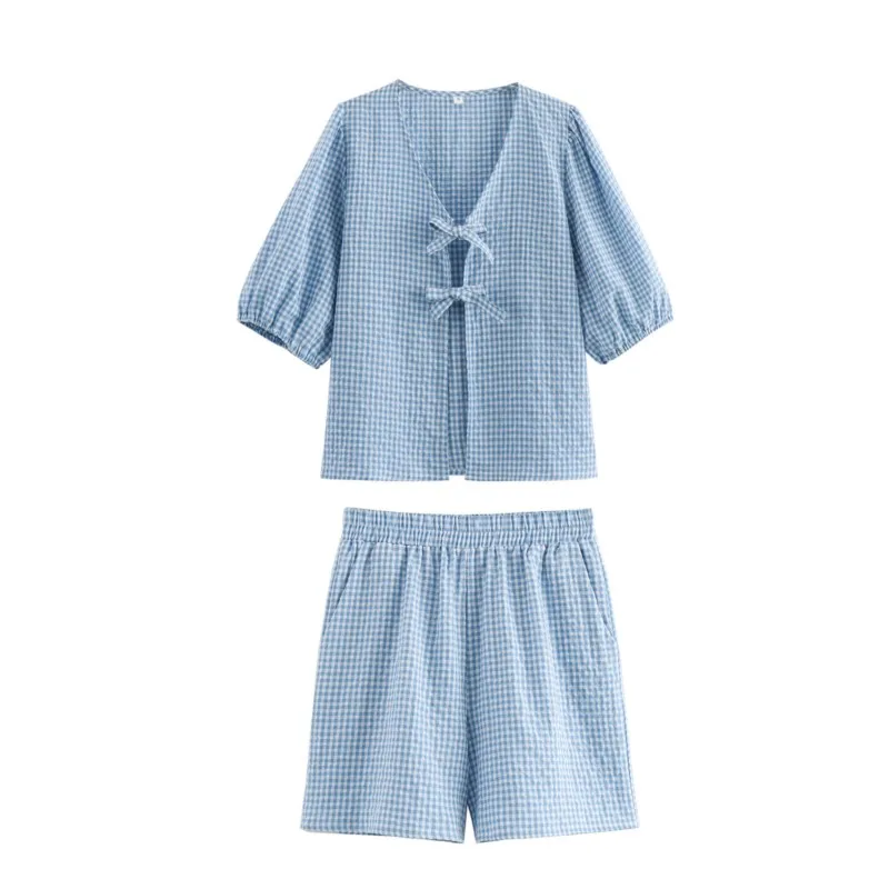 Женские шорты в клетку свободные ажурные с V-образным вырезом летний женский