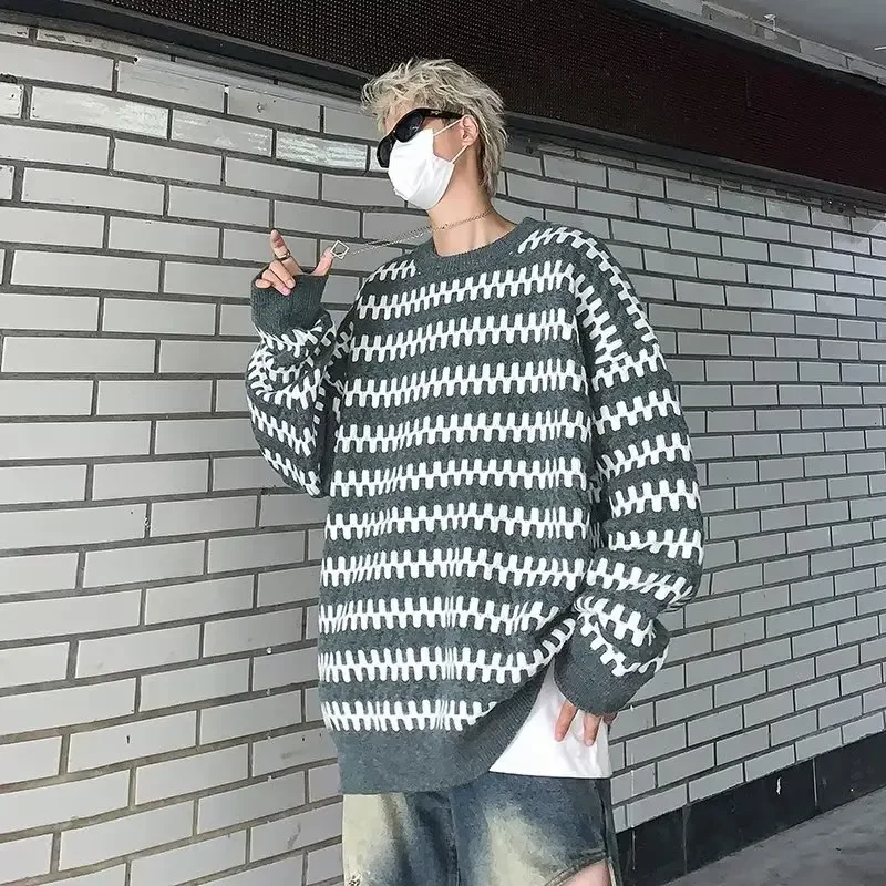 Полосатый свитер мужской повседневный винтажный вязаный топ в японском стиле с