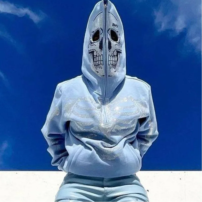Skeleton Oversized full zip up over face Hoodies Women Fleece American Outwear Flame Retro High Street Print Sweatshirts