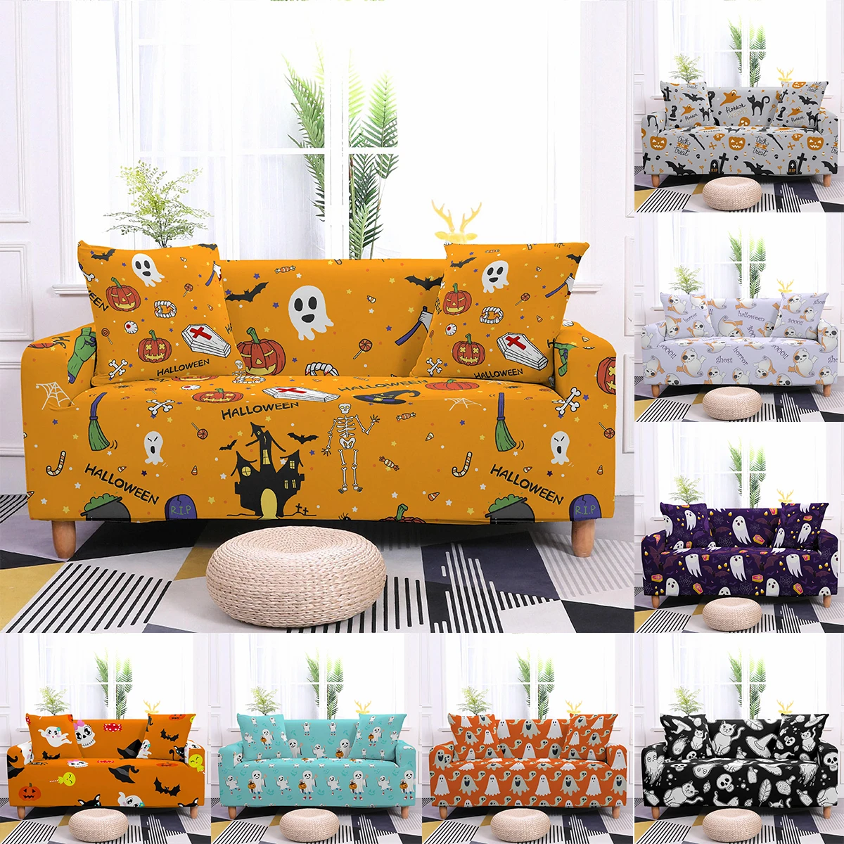 

2022 Halloween Pumpkin Sofa Cover for Living Room Stretch Slipcover All-inclusive Funda Sofa Elastic Couch Cover 1/2/3/4 Seater