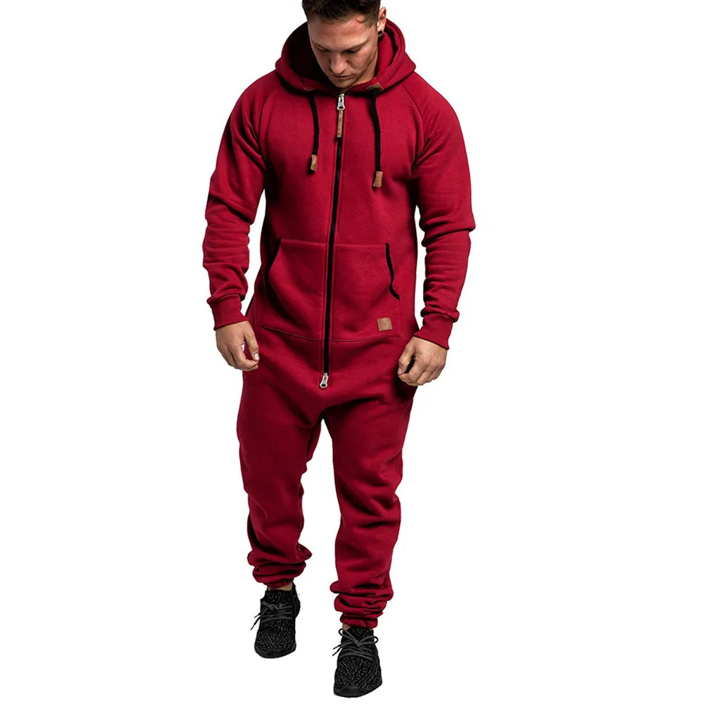 Men Jumpsuits New Autumn Winter Men's Hooded Fleece Jumpsuit Solid Color Matching Casual Suit Men Zipper Pocket Mens Clothes