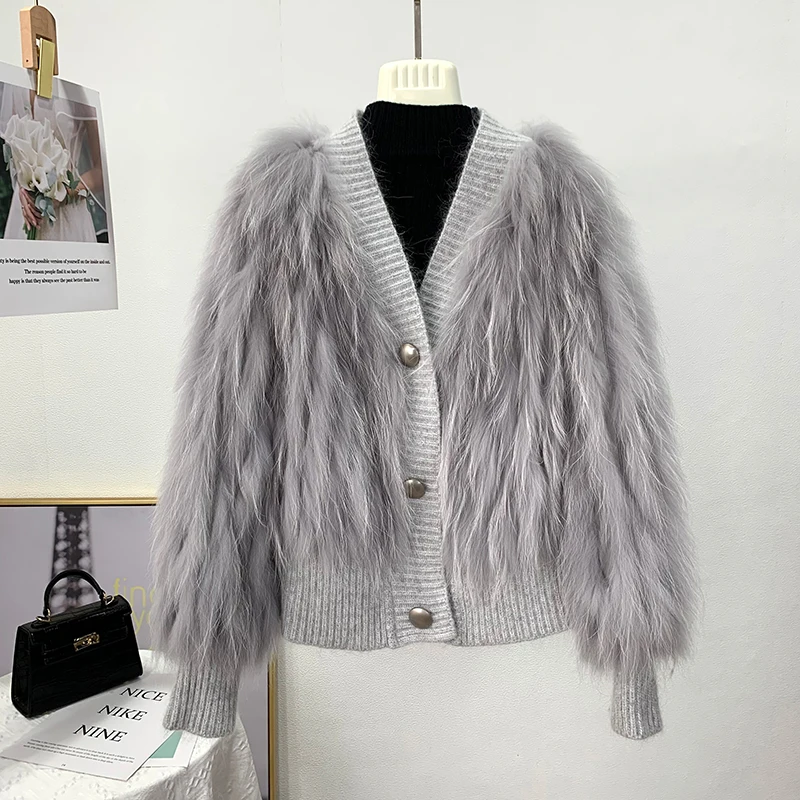 New Autumn And Winter Raccoon Fur Car Strip Fur Women's Short Coat Fox Fur Woven V-neck Cardigan Temperament Style