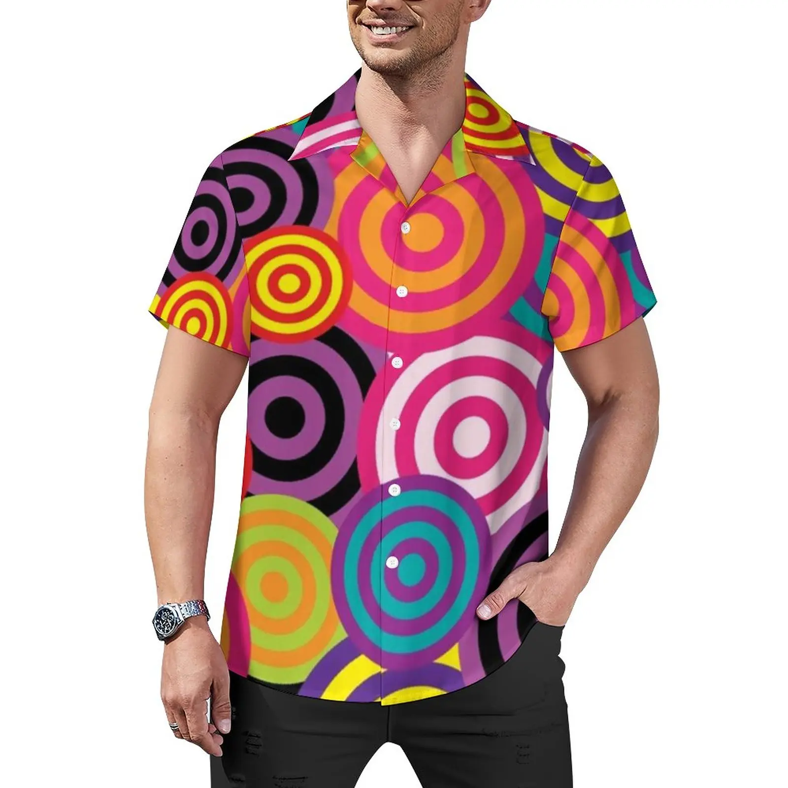 

Bohemian Circles Casual Shirt Hippie Psychedelic Beach Loose Shirt Hawaiian Fashion Blouses Short Sleeve Design Oversized Top