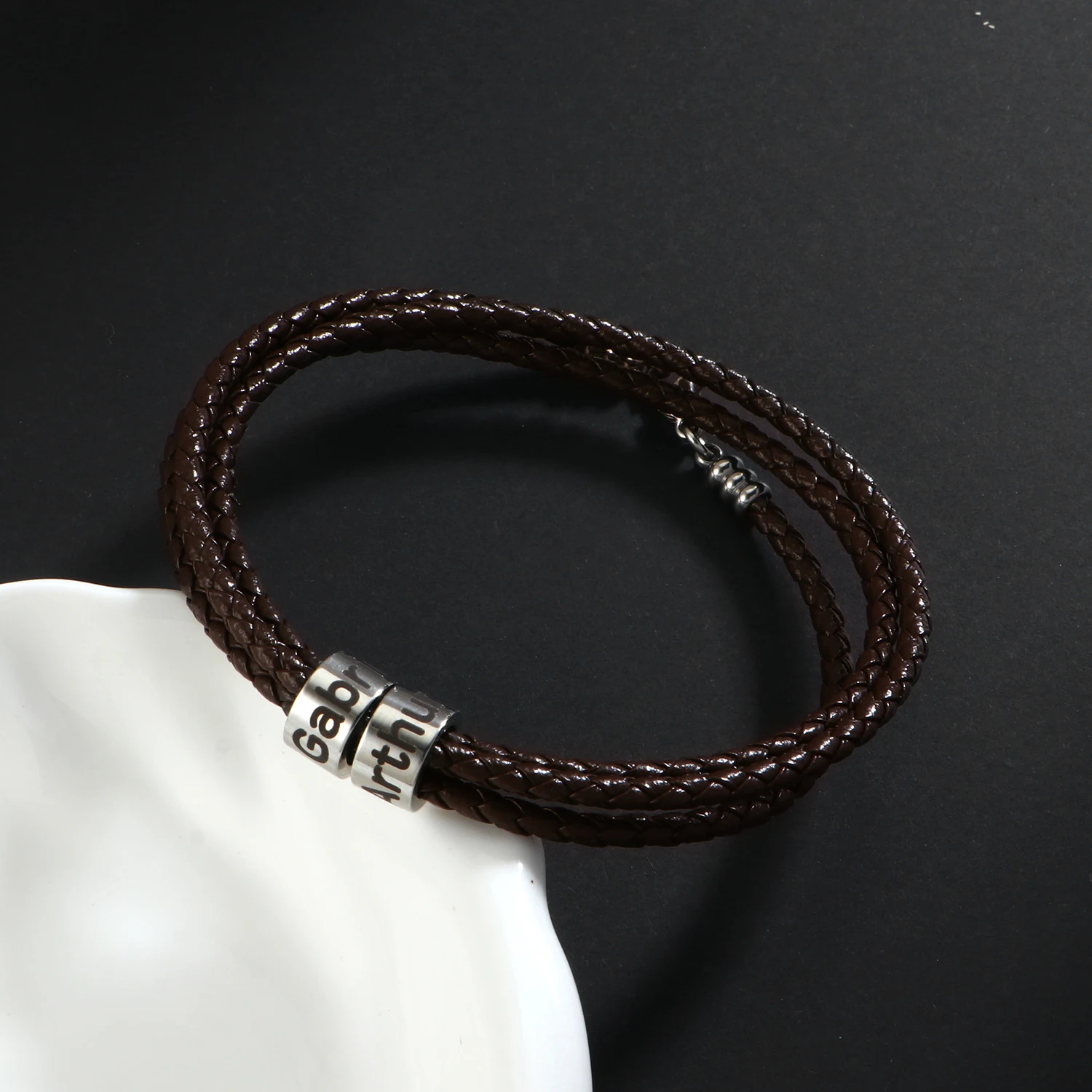 Personalized Men Bracelets Custom Stainless Steel Beads Leather Bracelets Gift for Boyfriend Father