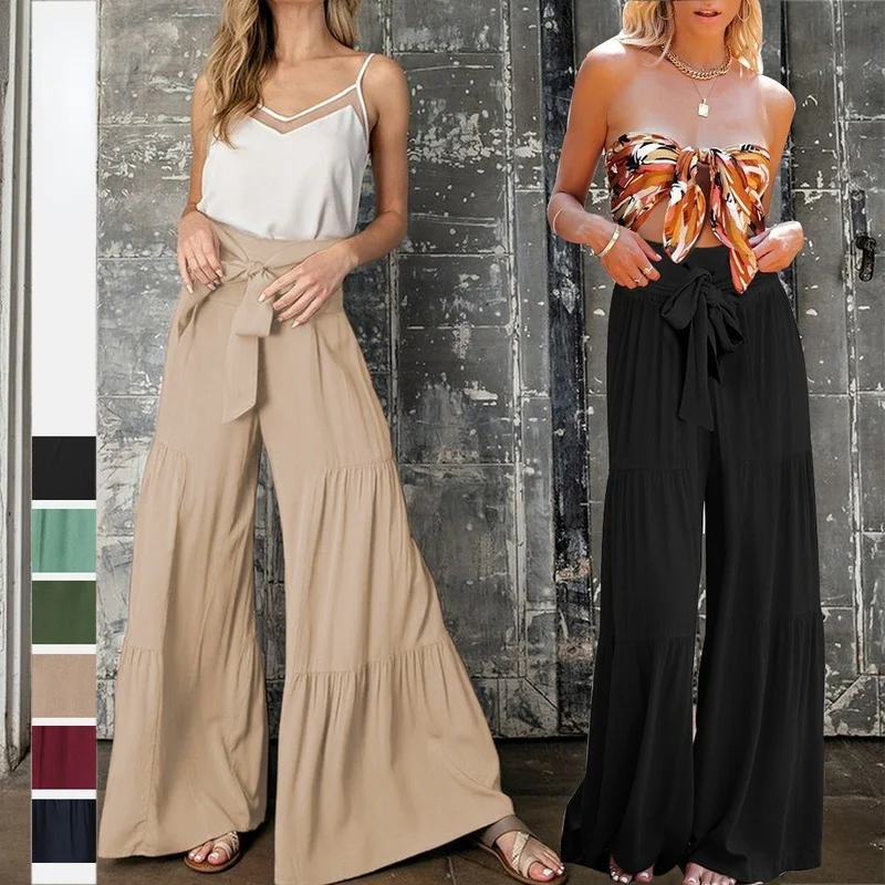 2022 Casual Loose Trousers Spring and Summer Women's Multicolor Fashion Temperament Straps Elastic Waist Pleated Wide Leg Pants