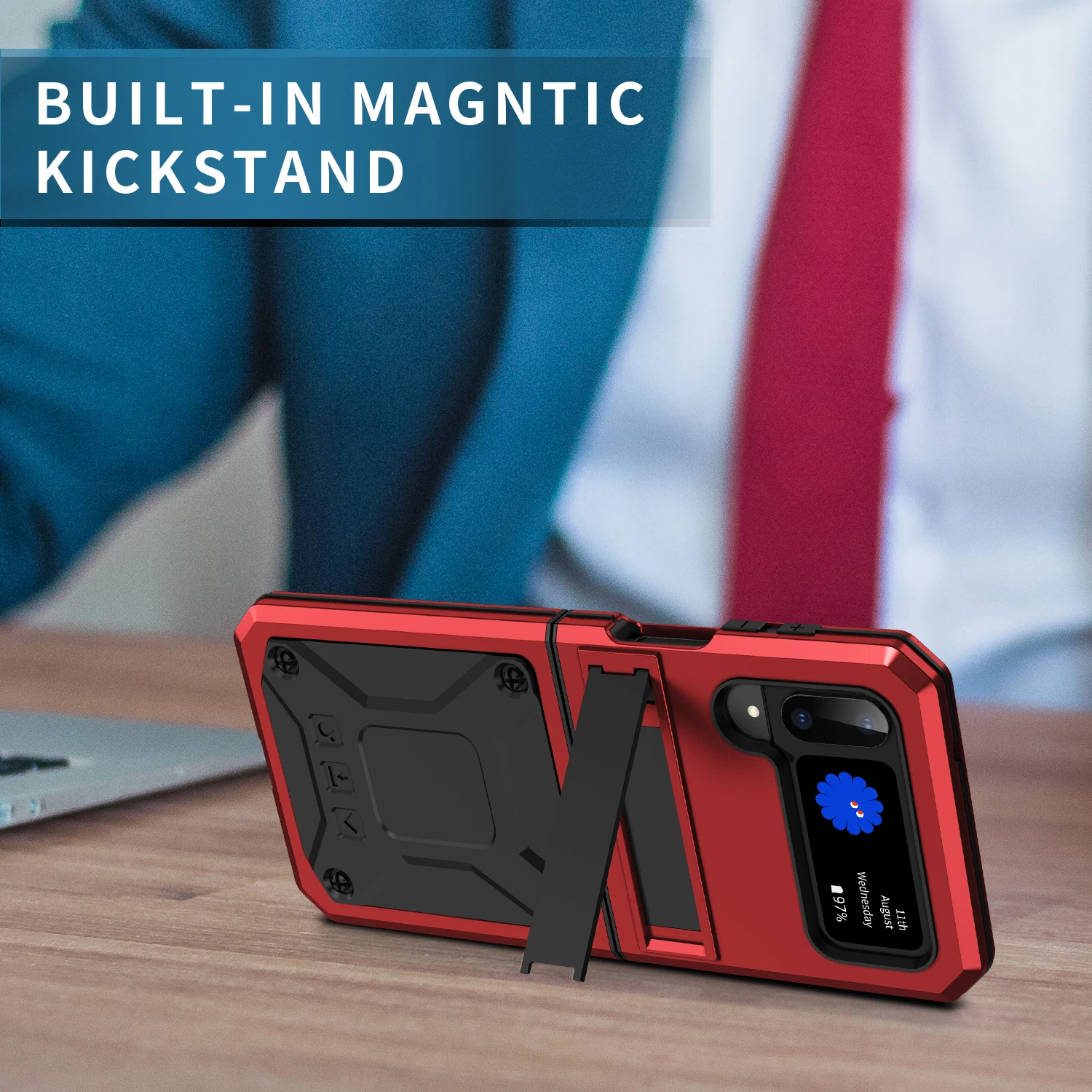 For Samsung Galaxy Z Flip 4 Case  Heavy Duty Metal+Silicone Rugged Strong Protection KickStand Cover Dust Proof Drop Resistant