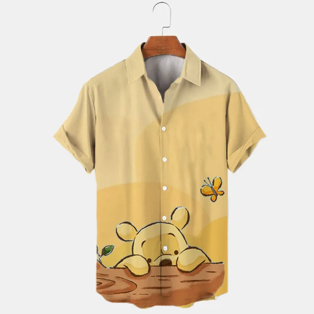 

New Summer 2022 Disney Winnie the Pooh and Mickey Brand Cartoon Casual 3D Printed Short Sleeve Lapel Shirt Slim Fit Men's Top