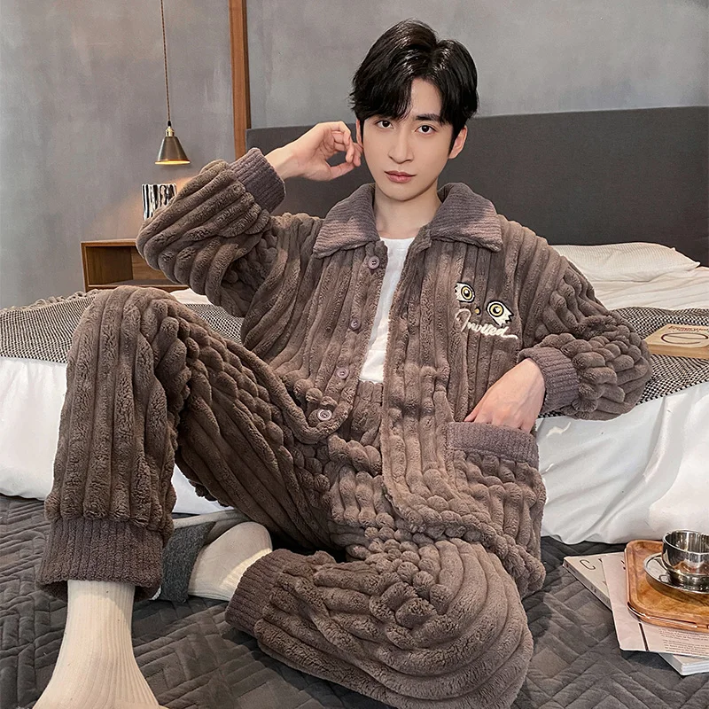 QUHENG Pajama Set Male Thicken Warm Flannel Long Sleeved Cartoon Men Winter Leisure Loose Home Cloth Autumn Loose Men Sleepwear