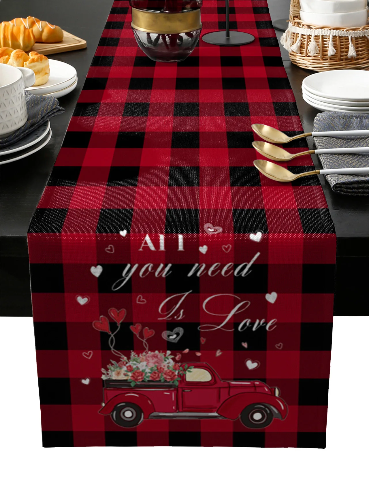 

Valentine's Day Red Plaid Truck Table Runner Wedding Festival Table Decoration Home Decor Kitchen Table Runners Placemats