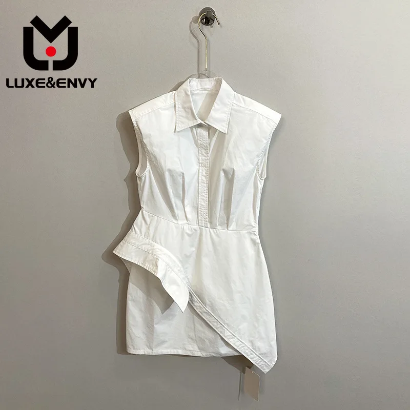 

LUXE&ENVY New Design Sense Polo Collar Lined Dress Short Asymmetric Sleeveless White Shirt Dress Women 2023 Spring/Summer