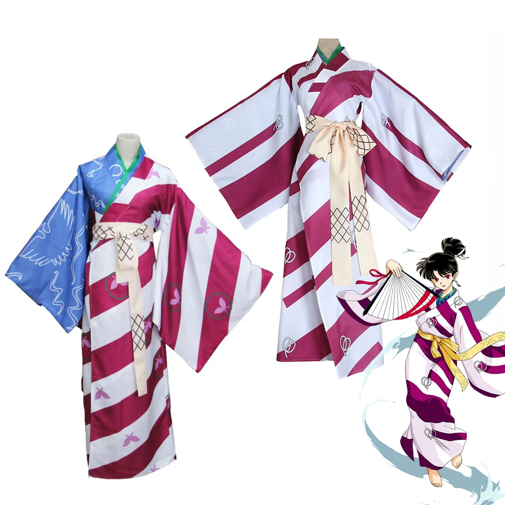 

Anime Inuyasha Kagura Cosplay Costume Kimono Set Butterfly Print Dress Woman Uniform Clothes Girls Party Halloween Costume