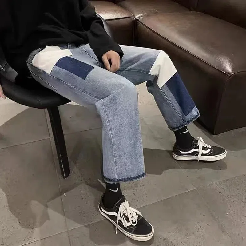 Men Jeans Patchwork Trendy Panelled Loose Leisure Chic Males Denim Straight Punk All-match Retro Trousers Baggy Cowboy Students