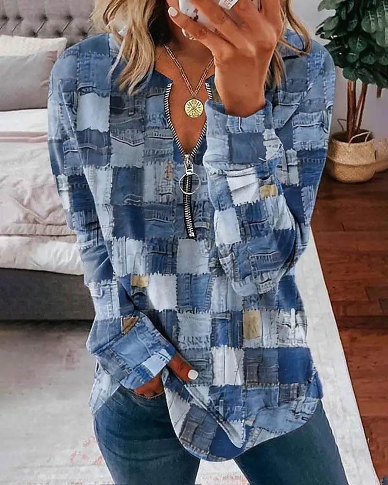

Fashion Women Spring Autumn Denim Look Print Zip Detail Long Sleeve Top Casual T-Shirts Female Clothes Women Ropa 2023 Blouse