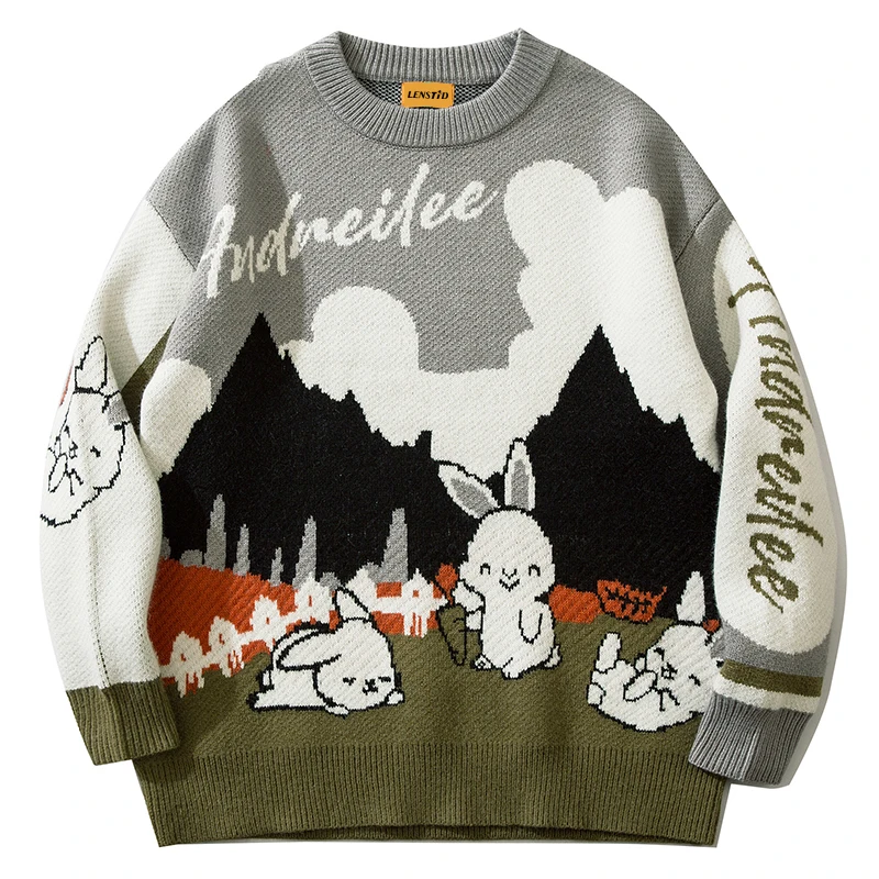 

Autumn Men Knitted Jumper Sweaters Hip Hop Cute Rabbit Graphic Streetwear Harajuku Loose Fashion Casual Male Pullovers