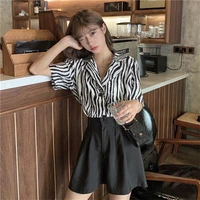 two piece short sets for women short sleeved zebra print shirt high waist casual shorts korean loose women blouses fashion suits