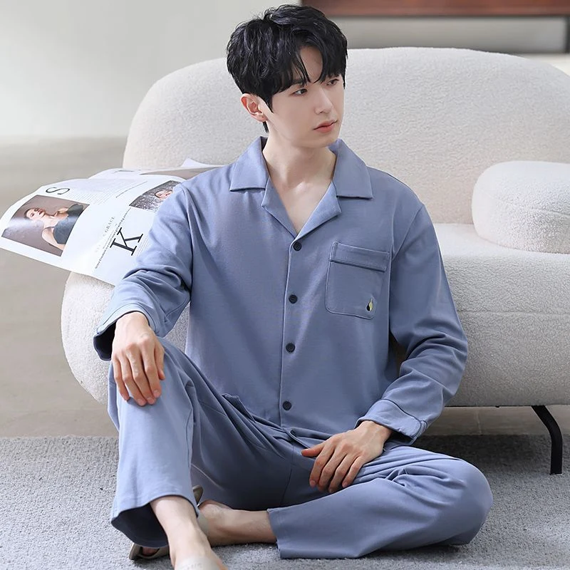 Весна 2025 года пижамные комплекты из 100% хлопка с длинными рукавами для мужчин