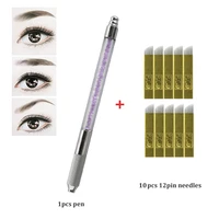 stainless steel permanent makeup manual tattoo microblading pen manual crystal acrylic tattoo pen with 10pcs microblading blades