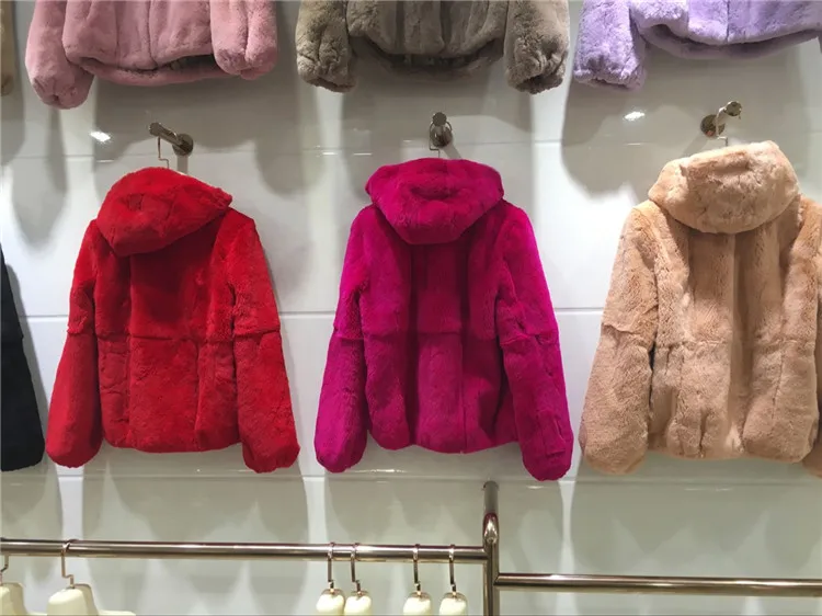 2022 Genuine Natural Real Rex Fur Coat Women's Hooded Outerwear All Fur Long Sleeves Short Style Thin Coat