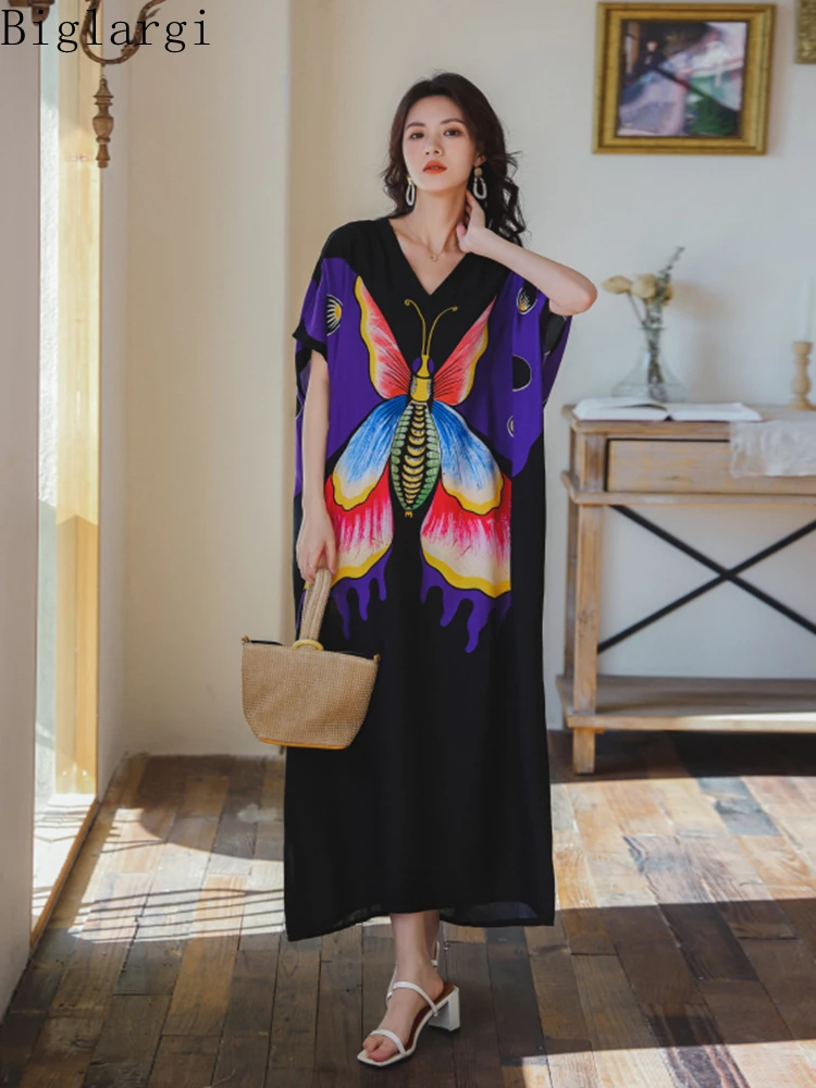 

Oversized Chic Butterfly Print Dress New Summer Woman Casual Big Size Women Loose Korea Ladies Womens Boheme Vintage Long Dress