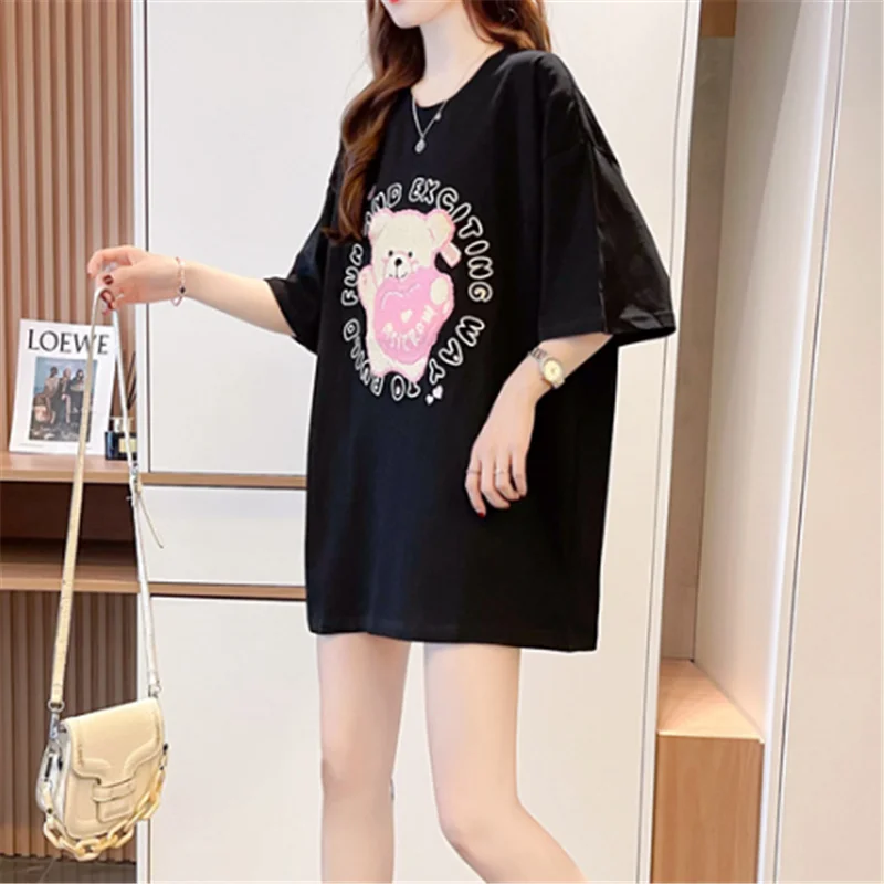 

2022 Summer Cartoon Embroidered Short Sleeve T-Shirt Female Student Casual Round Neck Top Fashion Plus Size