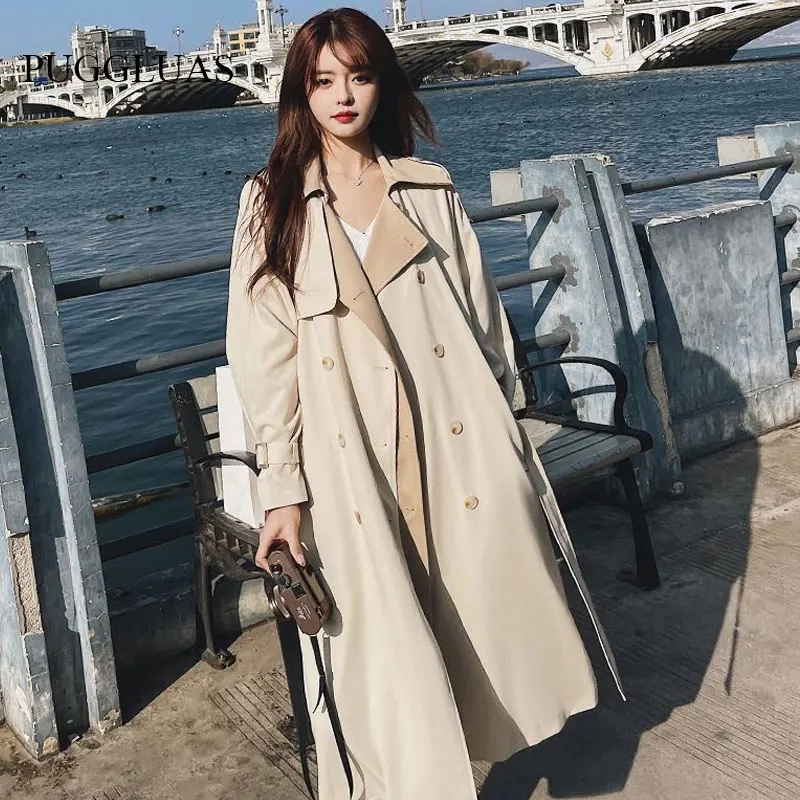 

2023 Korea Casual Patchwork Long Women Trench Coat Autumn Turn Down Collar Double Breasted Women Clothes Windbreaker With Belt