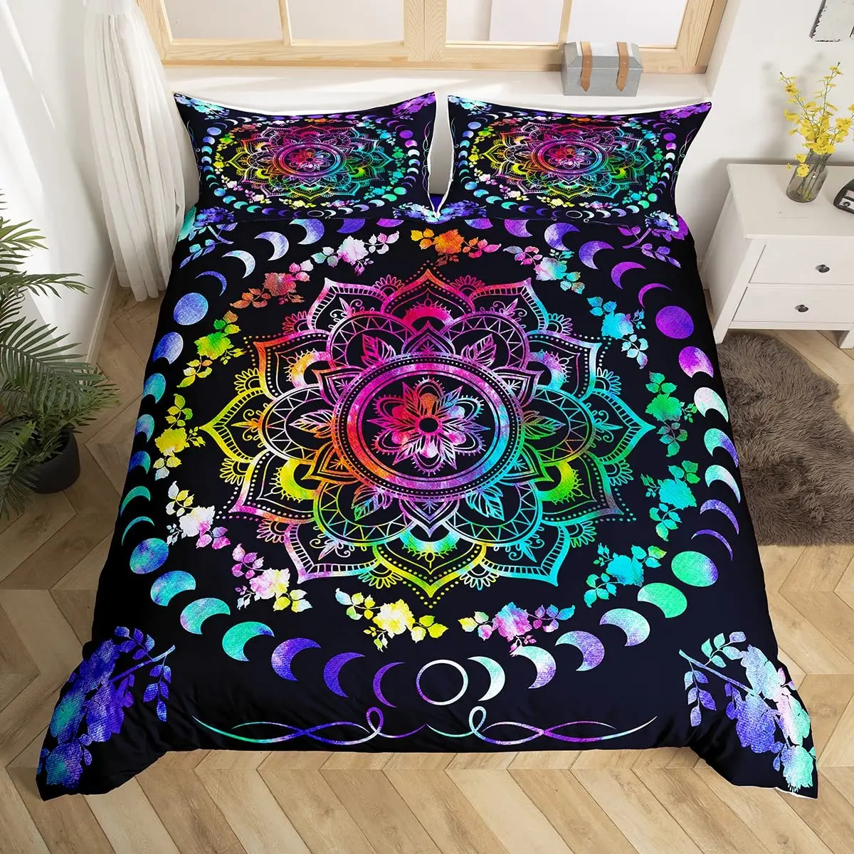 

Bedding Set Moon Starry Sky Quilt Cover Polyester Comforter Cover Flowers Moth Butterfly King Queen Duvet Cover Trippy Mushroom