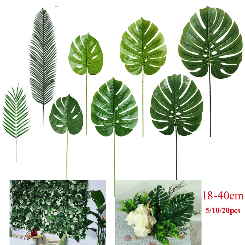 

18-40cm 5-20 Pcs Artificial Plants Tropical Monstera Palm Leaves for Hawaiian Theme Wedding Party Decor Home Garden Fake Leaves