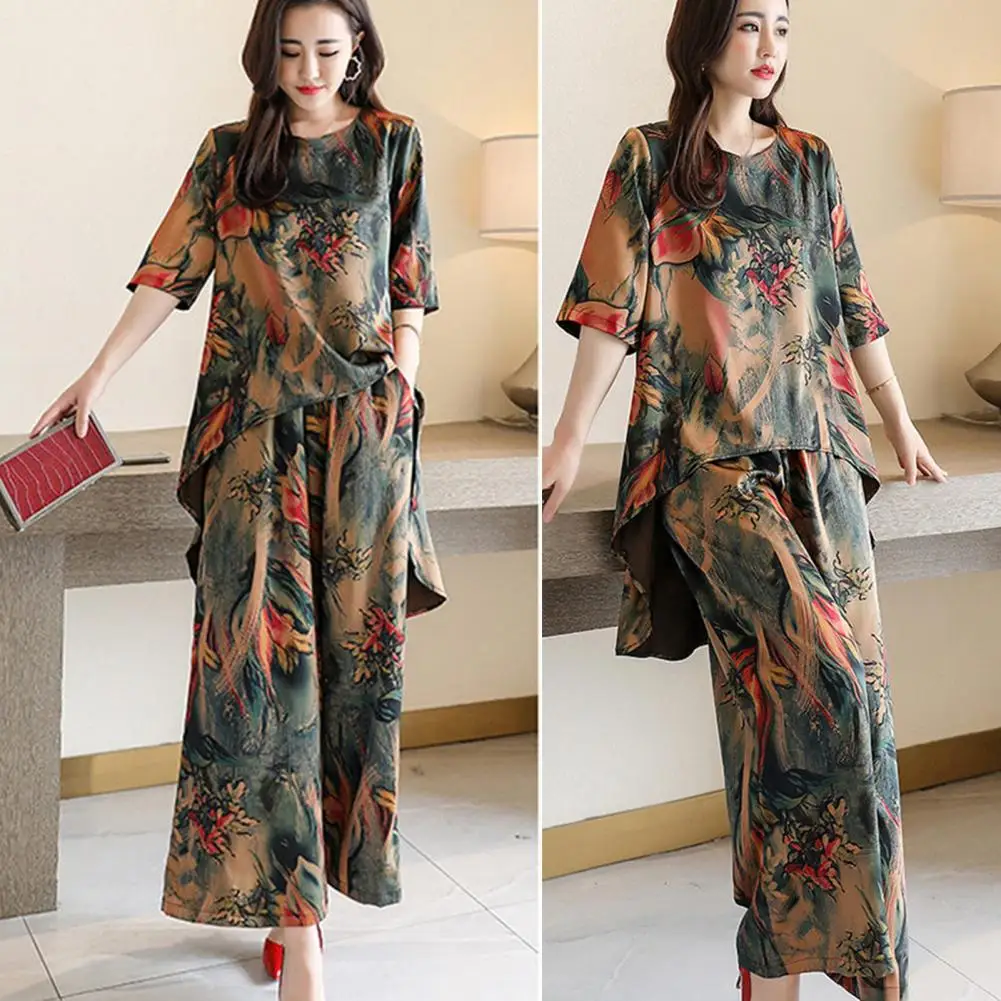 

2Pcs/Set Casual Outfit High Low Hem Elastic Waistband Pockets Women Retro Print O-Neck Half Sleeve Top Wide Leg Pant Loose Suits