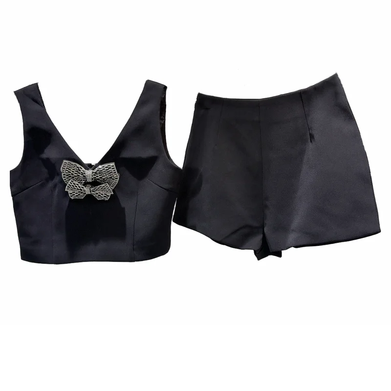 Женские костюмы с V-образным вырезом DEAT однотонные топы на молнии бантом и шорты