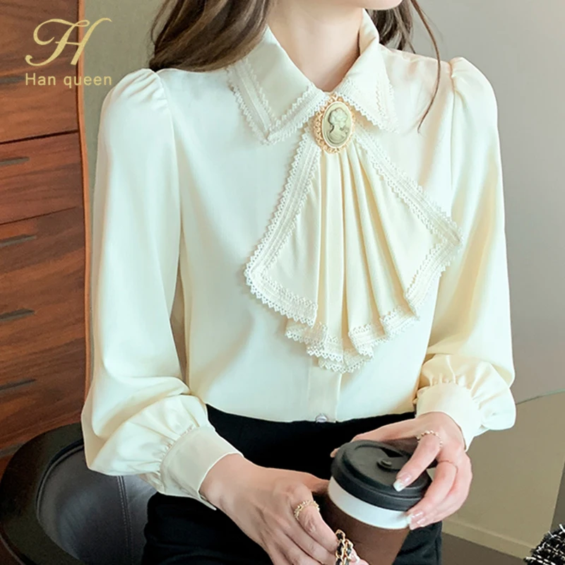 H Han Queen 2022 Spring Basic Shirt Women Blouses Vintage Work Casual Tops Chiffon Blouse Korean Design Long Sleeve Loose Shirts