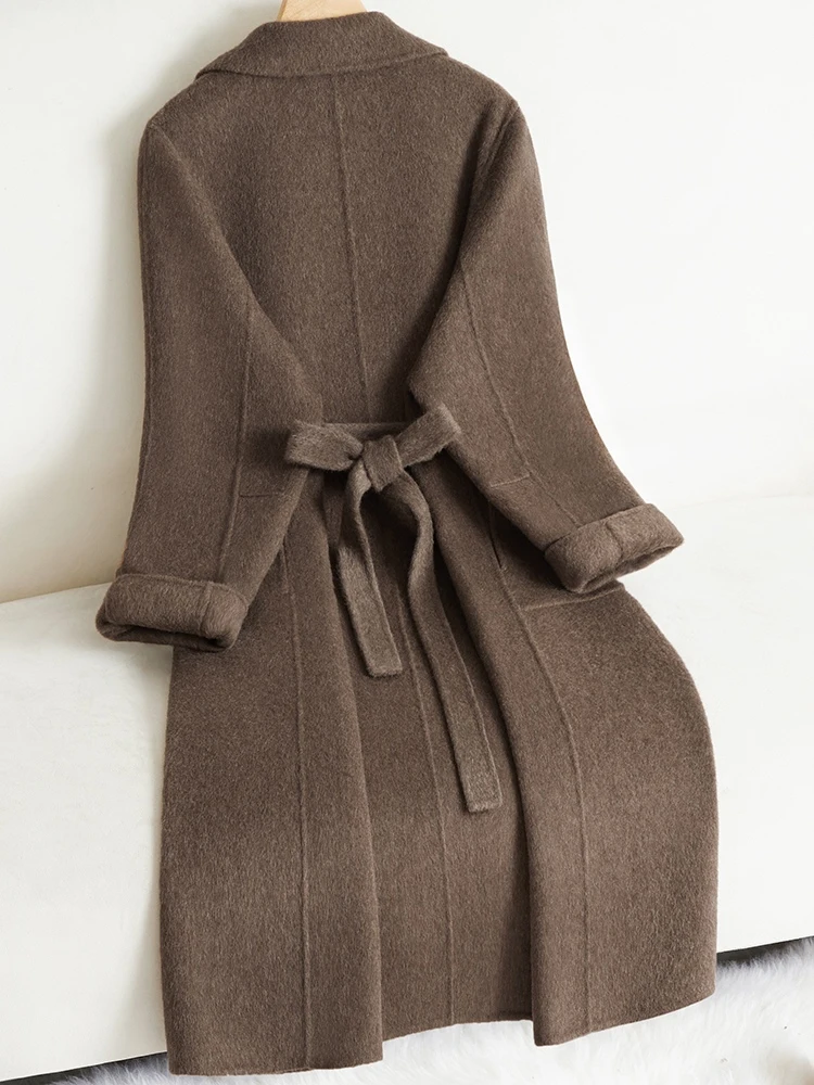 Светло-коричневое двустороннее кашемировое пальто женское длинное выше колена