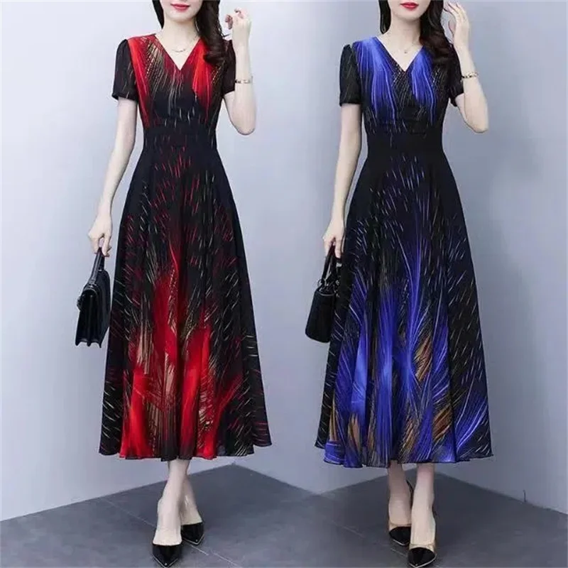 

New Women Summer Dress Fashion Print Large Hem Long Dress V Collar Slim Sexy Elegant Lady Party Dresses Vestidos Women Clothing